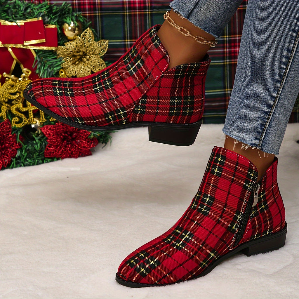 Women's Red Plaid Pointed Toe Low Block Heel Ankle Boots with Asymmetrical Pattern - Zipper Closure, All-Season Comfort Fabric Upper & Plastic Sole for Casual & Festive Occasions