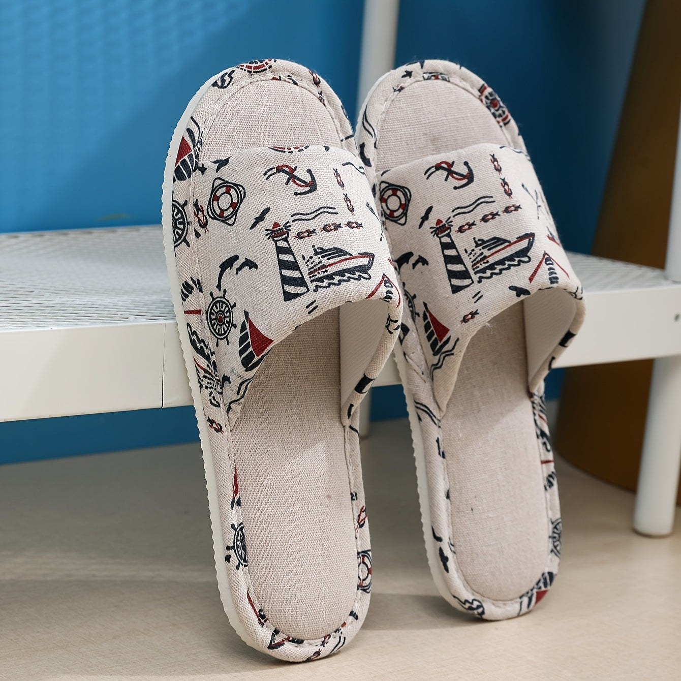 Floral Print Fabric Linen Slippers, Breathable Open Toe Soft Flat Shoes, Lightweight Indoor Floor Slippers