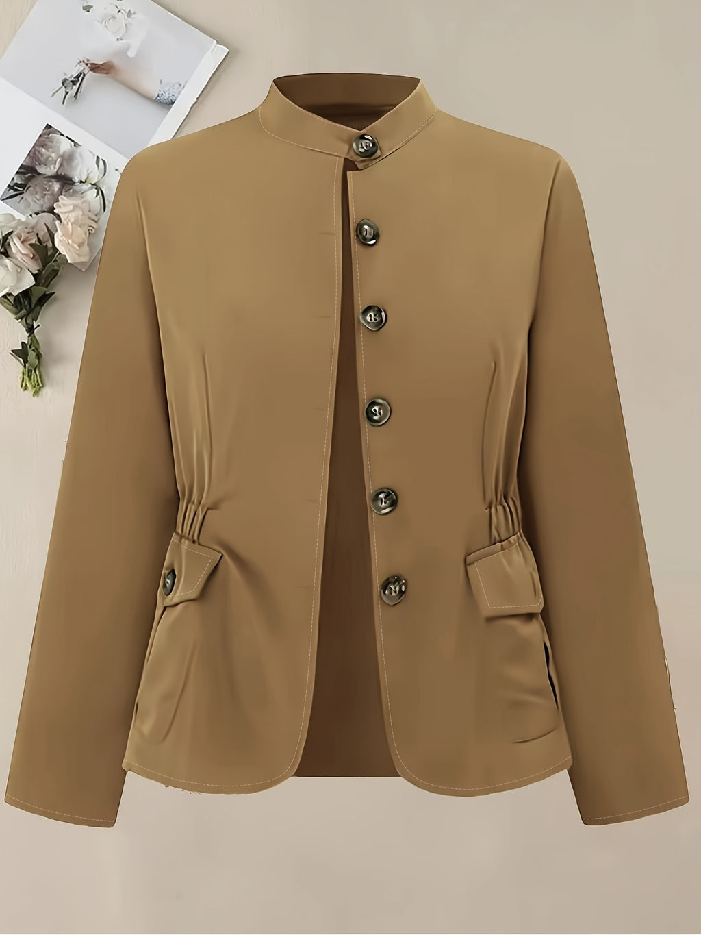 Women's Slim Fit Button-Up Military Jacket - Olive Green Casual Chic Blazer with Stand Collar, Long Sleeves, and Flap Pockets for Spring\u002FSummer\u002FFall