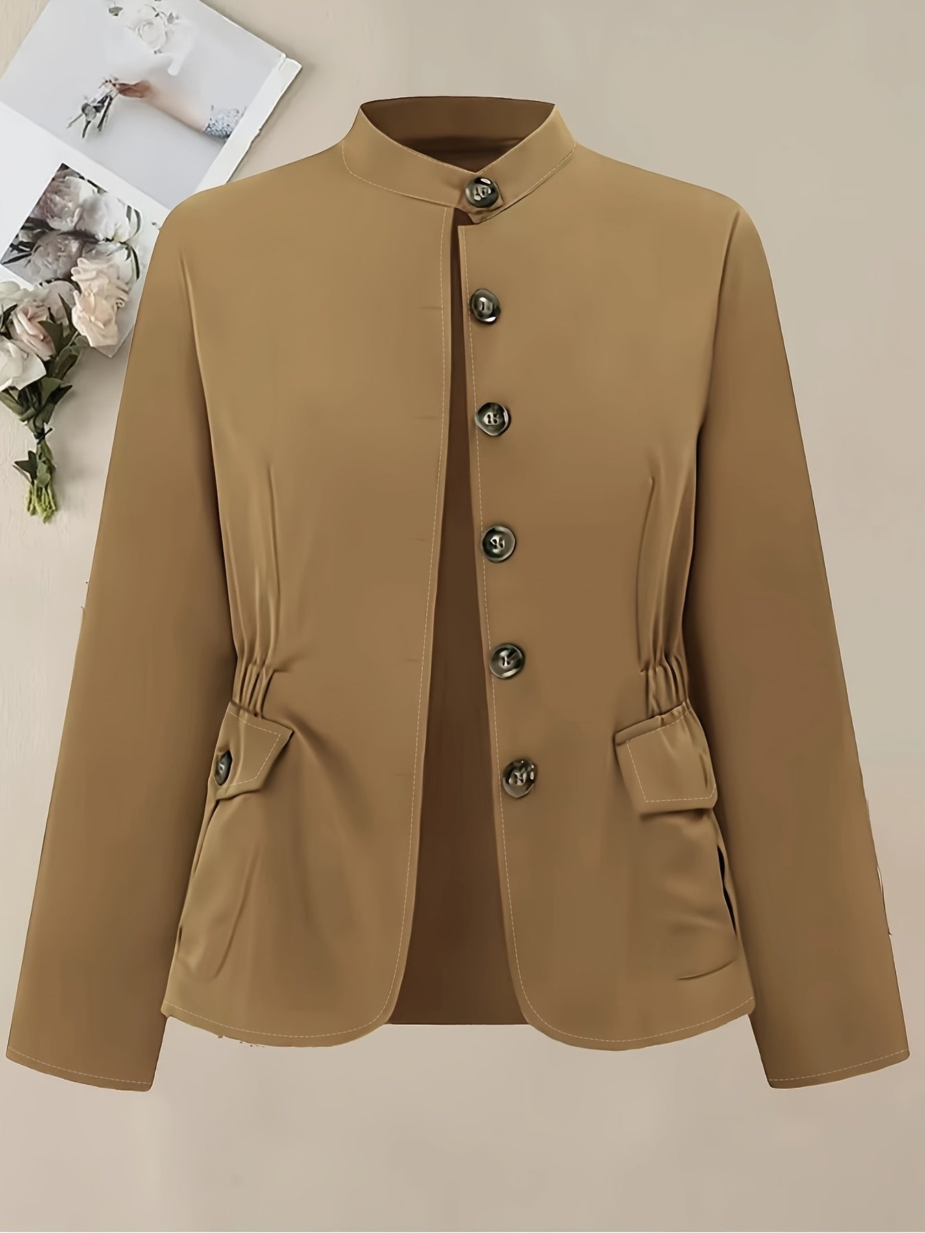 Women's Slim Fit Button-Up Military Jacket - Olive Green Casual Chic Blazer with Stand Collar, Long Sleeves, and Flap Pockets for Spring\u002FSummer\u002FFall