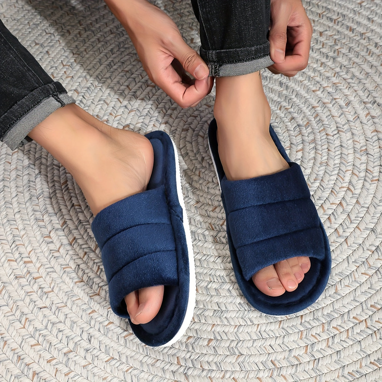 Cozy Slippers for Men and Women - Navy Blue, Non-Slip, Sweat Absorbent, Open-Toe Design with Soft Fabric Upper, Perfect for Indoor Use, All Seasons, Casual Footwear | Soft Fabric Style | Breathable Comfort, House Slippers
