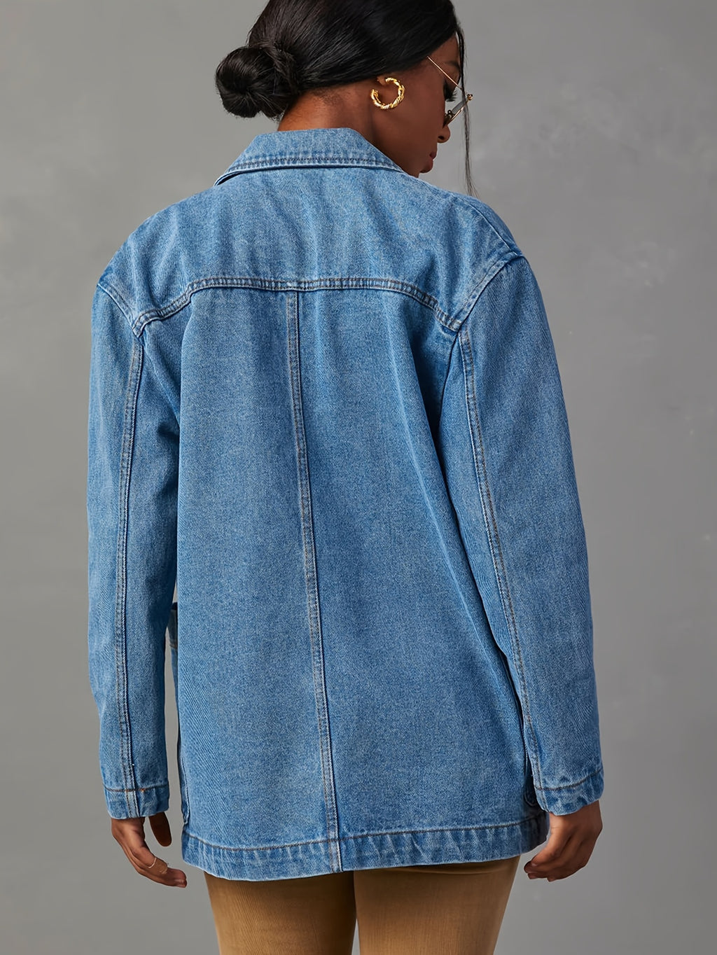 Women'S Elegant Washed Blue Denim Blazer - Single-Breasted, Long Sleeve, Casual Style with Pockets, Perfect for Spring\u002FSummer, Casual Jacket|Sleeveless Jacket|Single Breasted Jacke