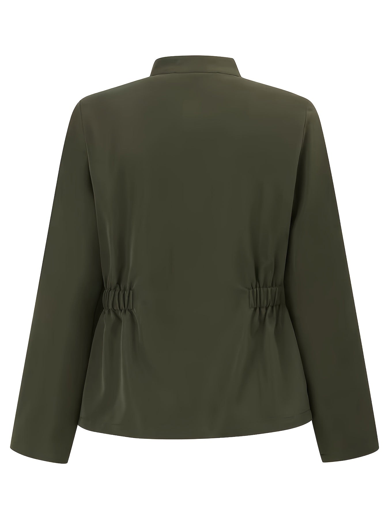 Women's Elegant Solid Color Front Button Long Sleeve Jacket with Stand Collar & Red Belted Waist - Lightweight Machine-Washable Spring\u002FFall Coat, Functional Pockets, Non-Stretch Fabric, Spring Outerwear, Cute Jacket