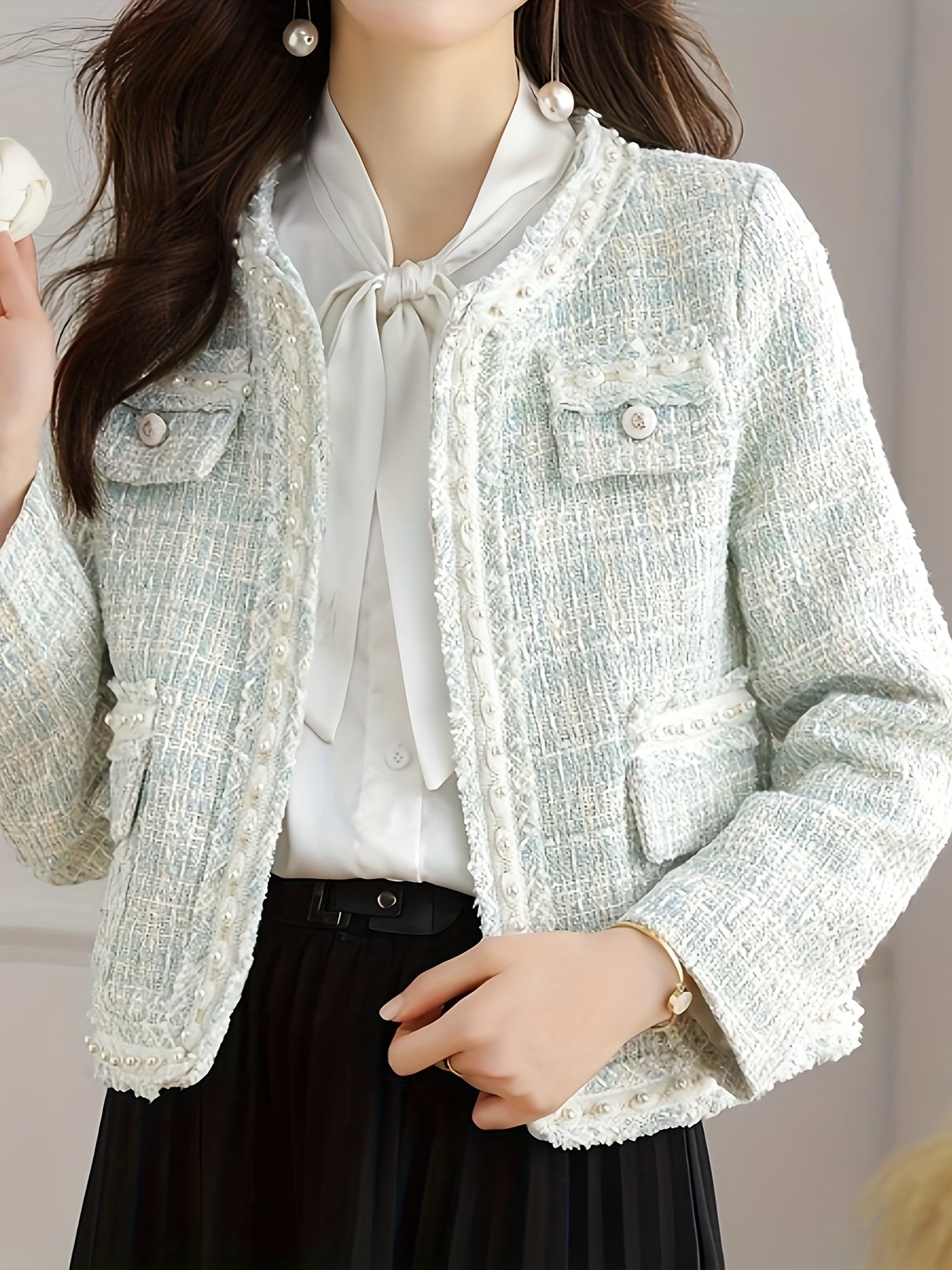 Women's European Vacation Chic Jacket - Elegant White Round Neck All-Season Lightweight Coat with Decorative Buttons, Hand Washable Solid Color Outerwear for Casual & Formal Occasions, Sophisticated Style, Durable Material, Fashionconscious Women