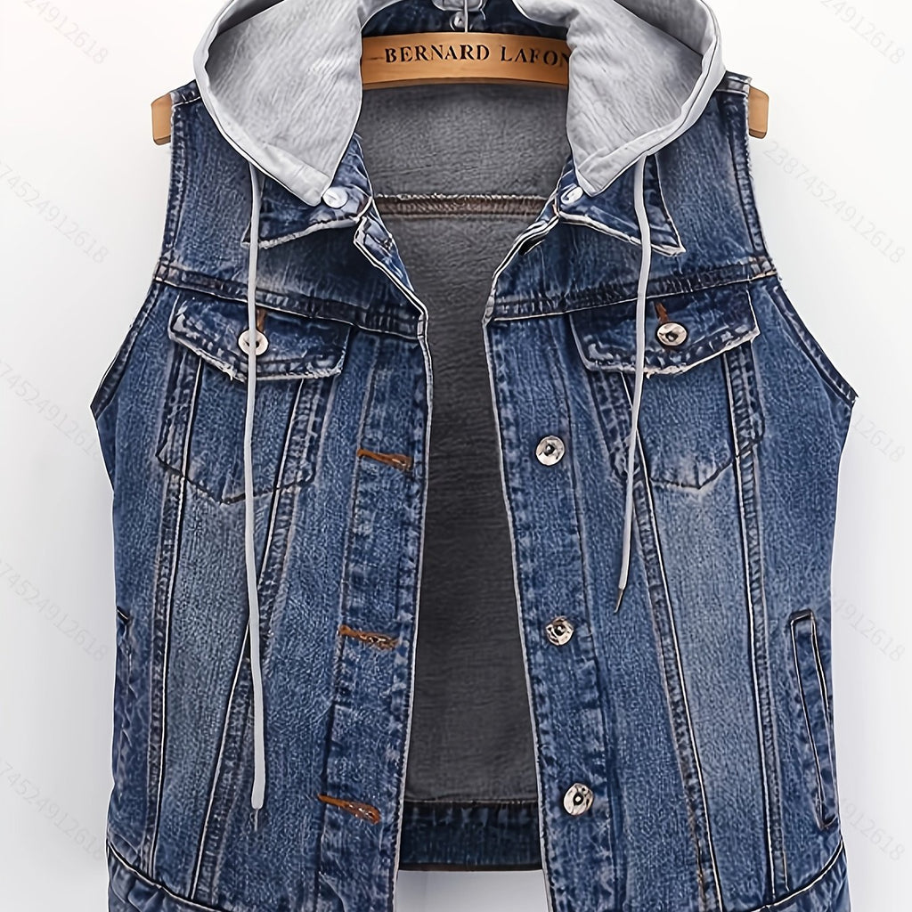 Spring-Summer Loose Korean Style Trendy Casual Sleeveless Short Jacket with Detachable Hoodie, Versatile Single-Breasted Cardigan
