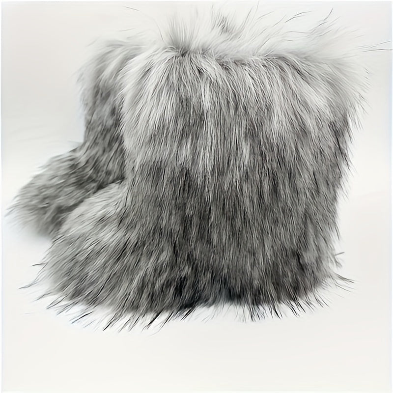 Women's Winter Warm Faux Fox Fur Snow Boots - Slip-On High-Top Flat Heel Round Toe Mid-Calf Boots with Plush Lining & Rubber Sole, Cozy Cold Weather Footwear for Casual Outings (Black\u002FGrey\u002FBeige), Winter Boots, Midcalf Height