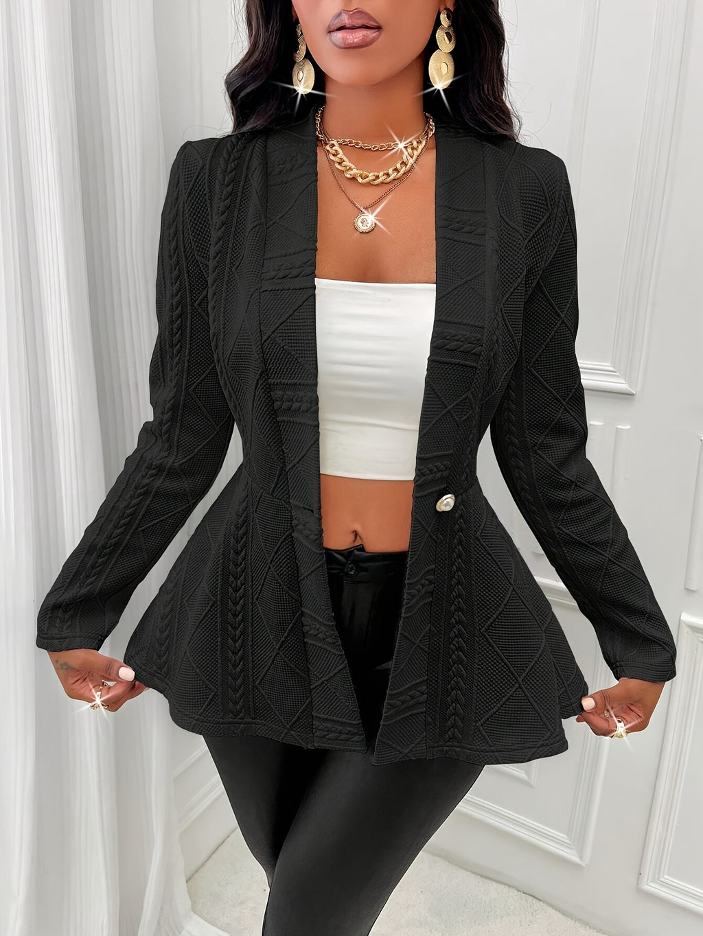 Slim Fit Single Breasted Blazer, Elegant Long Sleeve Peplum Blazer For Spring & Fall, Women's Clothing