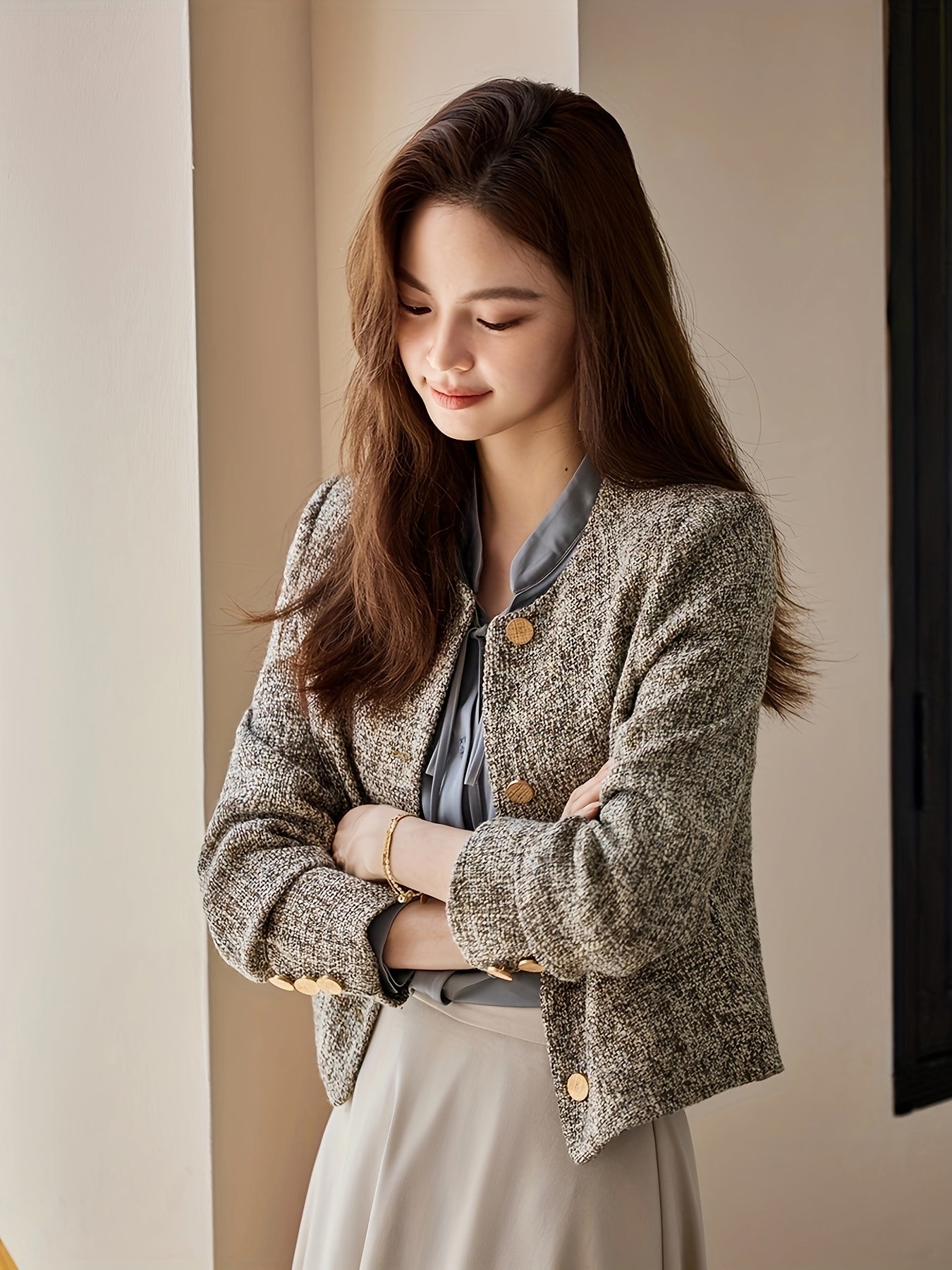 Chic French-Inspired Women'S Blazer - Elegant Long Sleeve, Button-Up Jacket with Golden Buttons, Polyester, Perfect for Spring\u002FFall, Sophisticated Layering Piece|Chic Buttonup Blazer|Polyester Jacket