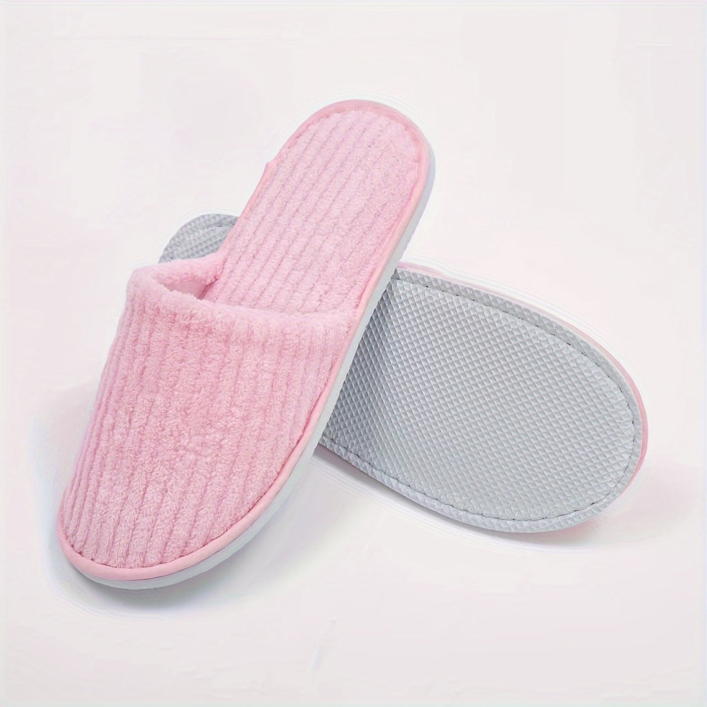 Disposable Coral Fleece Home Slippers, Non-Slip EVA Sole Soft Cozy Shoes, Round Toe Indoor Hotel & Guest Slippers