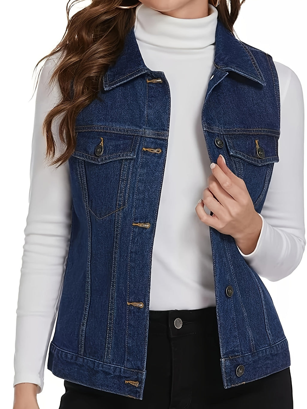 Women's Sleeveless Denim Vest Jacket with Flap Pockets - Casual Light Blue Jean Vest for Spring\u002FFall, Machine Washable, Classic Collar Design