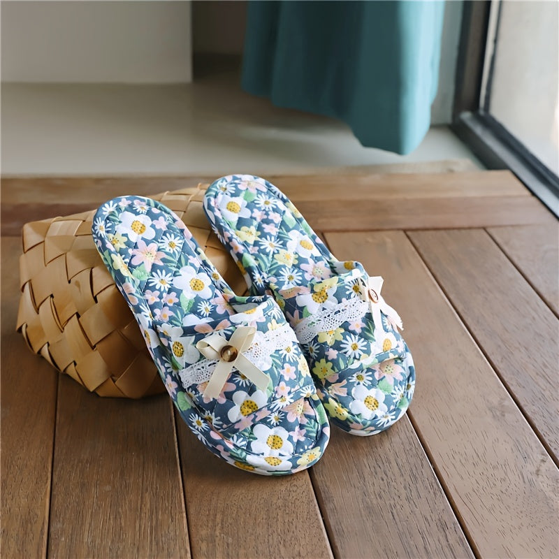 Casual Floral Slip-on Slippers - All-Season Fabric Upper, Inner & Sole - Quiet Soft Home Indoor Women's Footwear - Imported
