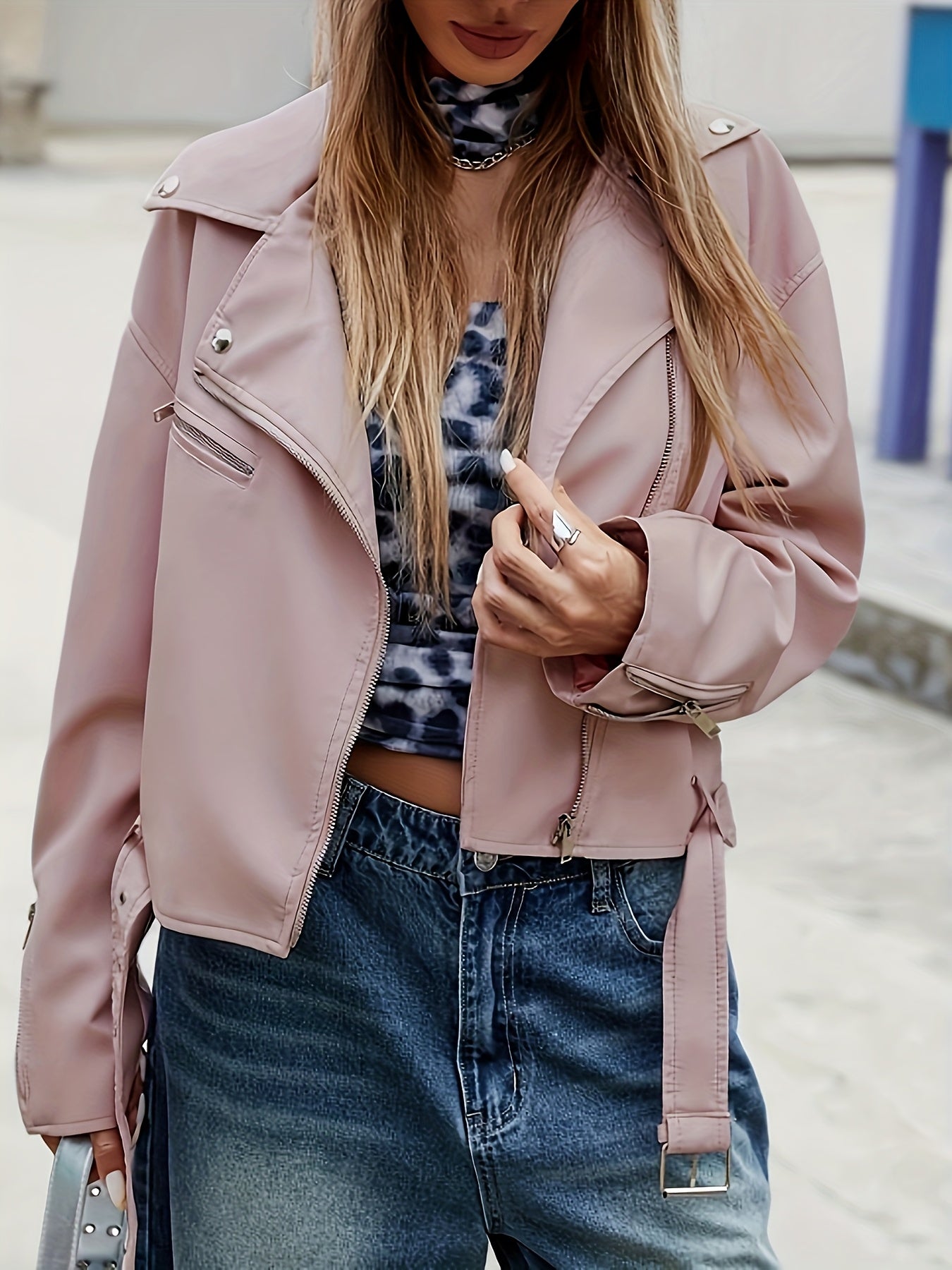 Women'S Chic Pink Faux Leather Jacket - Casual Short Style with Asymmetrical Hem, Zipper & Button Details, Perfect for Motorcycle Riding & Casual Attire, Motorcycle Jacket