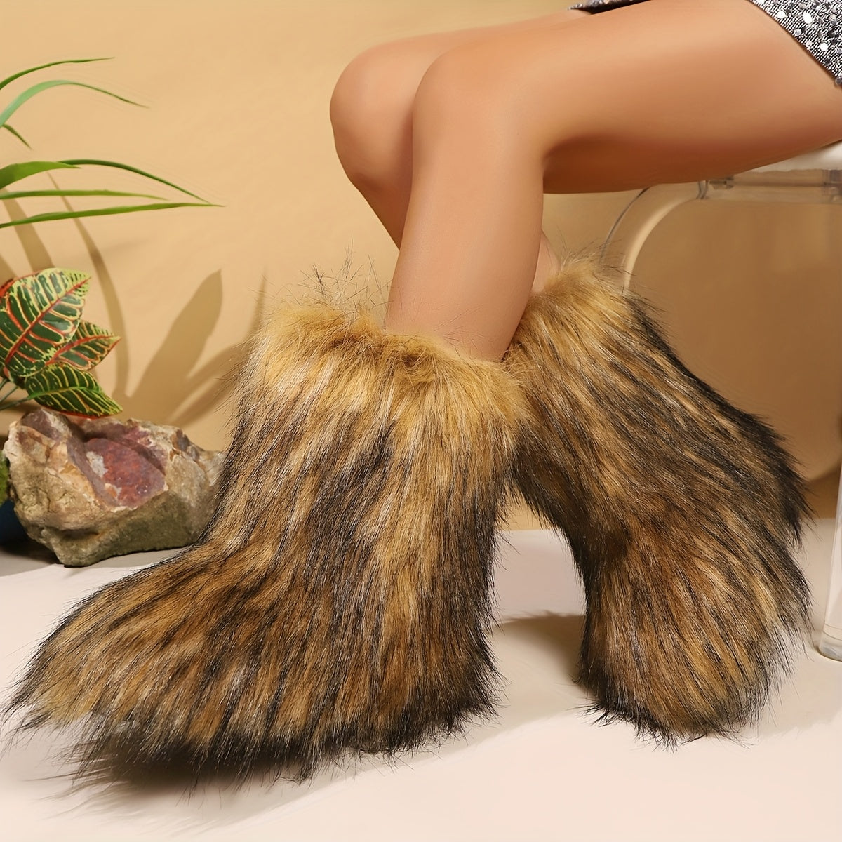 Women'S Fluffy Faux Fur Boots, Cute Mid-Top Plush Lined Winter Warmth, Slip-On Design Flat Comfortable Snow Boots