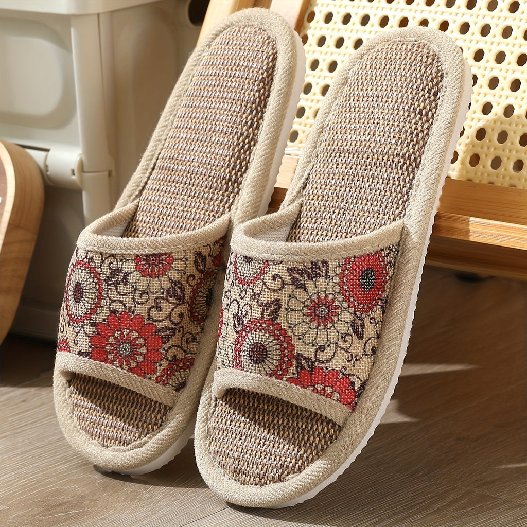 Women's Floral Linen Slip-On Slippers with EVA Sole - Non-Slip Indoor House Shoes for Hardwood Floors, Breathable All-Season Comfort, Soft Cushioned Casual Home Footwear