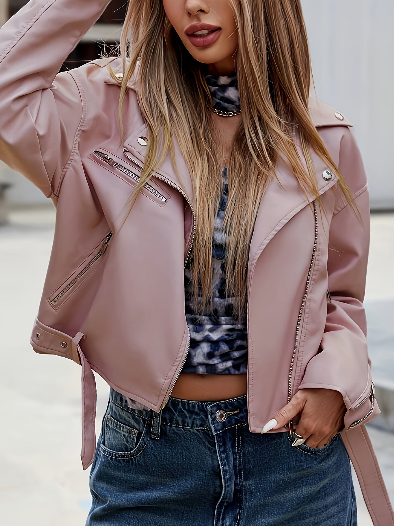 Women'S Chic Pink Faux Leather Jacket - Casual Short Style with Asymmetrical Hem, Zipper & Button Details, Perfect for Motorcycle Riding & Casual Attire, Motorcycle Jacket