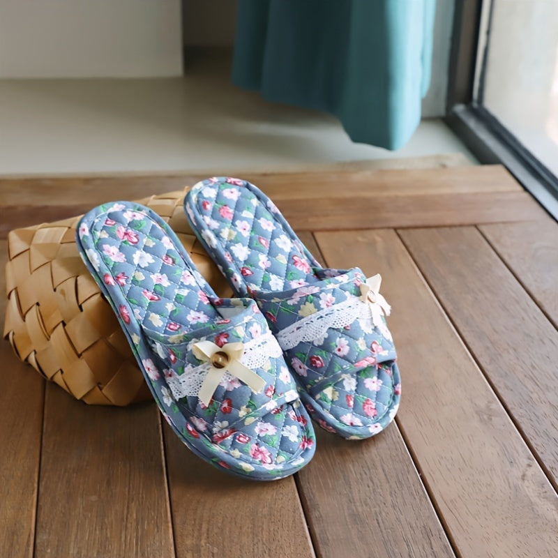 Casual Floral Slip-on Slippers - All-Season Fabric Upper, Inner & Sole - Quiet Soft Home Indoor Women's Footwear - Imported