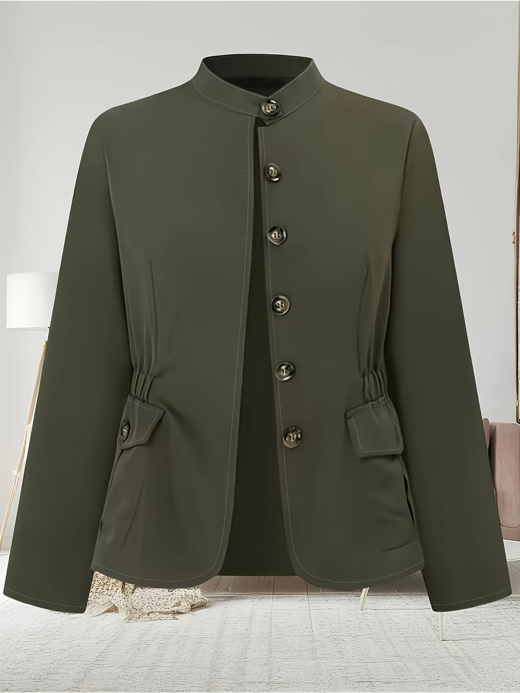 Women's Slim Fit Button-Up Military Jacket - Olive Green Casual Chic Blazer with Stand Collar, Long Sleeves, and Flap Pockets for Spring\u002FSummer\u002FFall