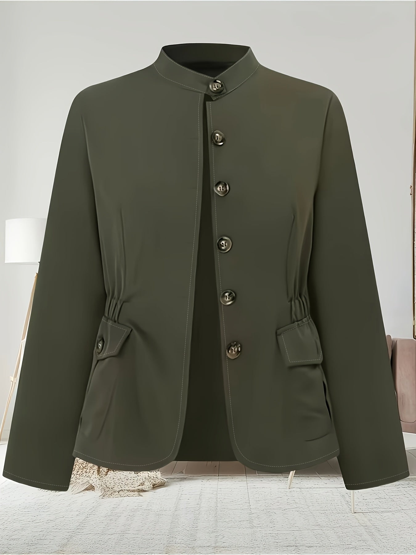 Women's Slim Fit Button-Up Military Jacket - Olive Green Casual Chic Blazer with Stand Collar, Long Sleeves, and Flap Pockets for Spring\u002FSummer\u002FFall