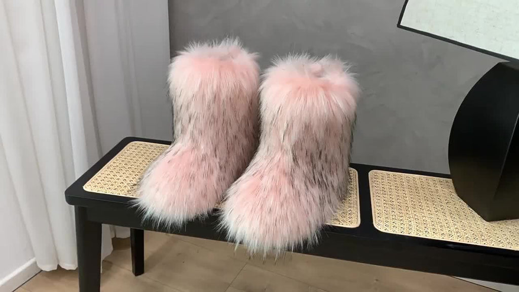 Women's Winter Warm Faux Fox Fur Snow Boots - Slip-On High-Top Flat Heel Round Toe Mid-Calf Boots with Plush Lining & Rubber Sole, Cozy Cold Weather Footwear for Casual Outings (Black\u002FGrey\u002FBeige), Winter Boots, Midcalf Height