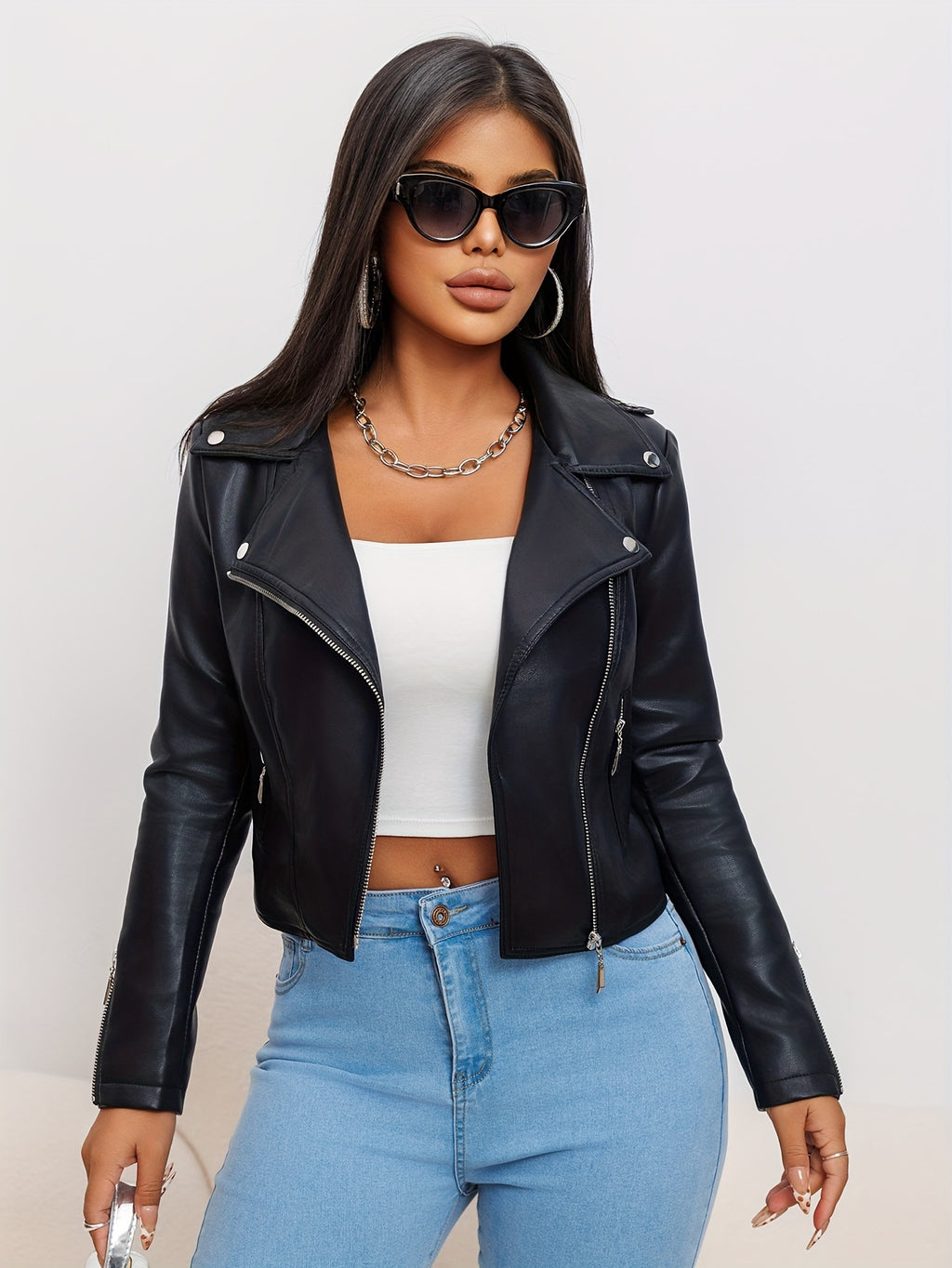 Women'S Chic Faux Leather Biker Jacket - Beige, Long Sleeve, Zipper Front, Pockets, Skinny Fit, Spring\u002FFall Fashion, Casual Attire Jacket|Chic Casual Jacket|Zippered Jacket