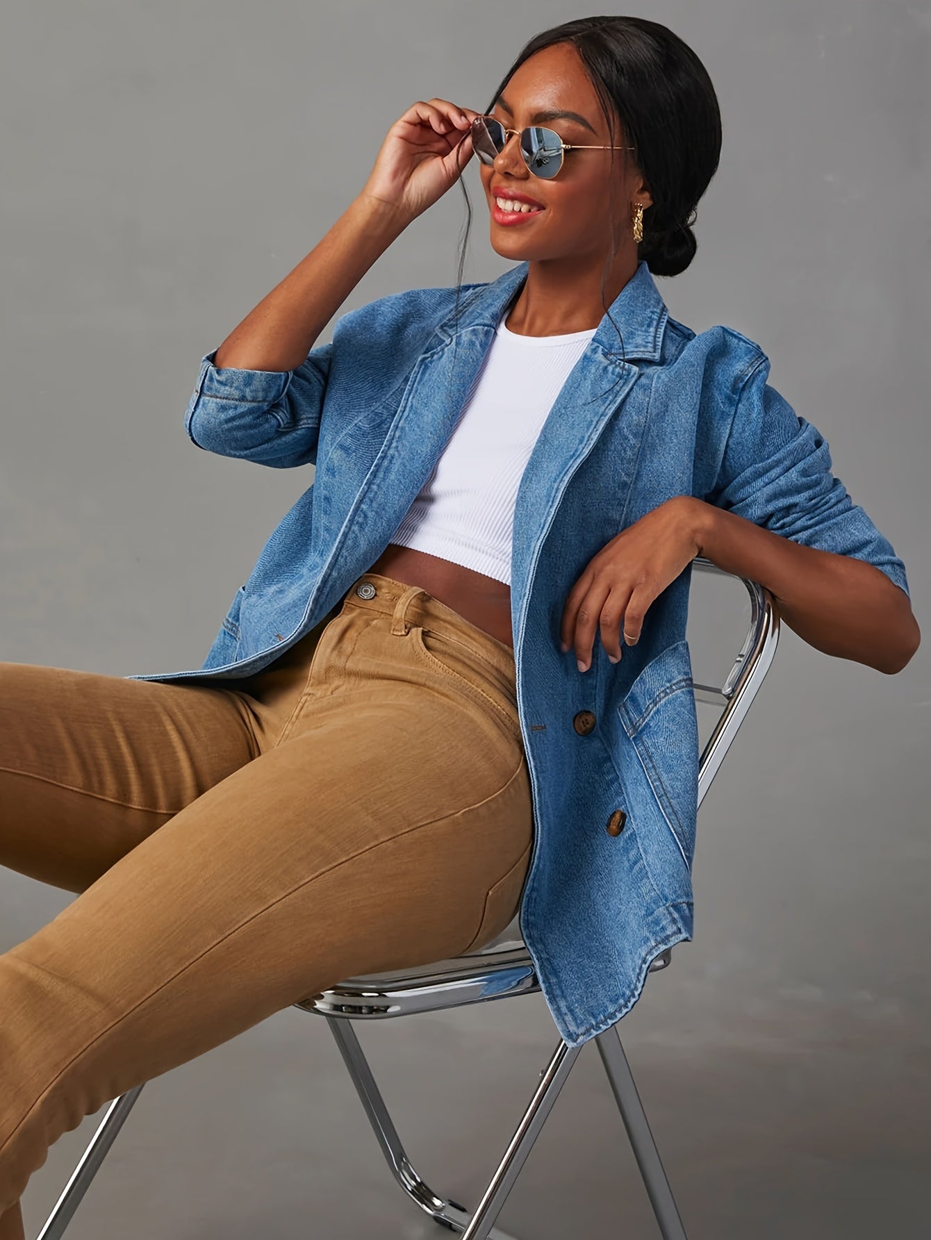 Women'S Elegant Washed Blue Denim Blazer - Single-Breasted, Long Sleeve, Casual Style with Pockets, Perfect for Spring\u002FSummer, Casual Jacket|Sleeveless Jacket|Single Breasted Jacke