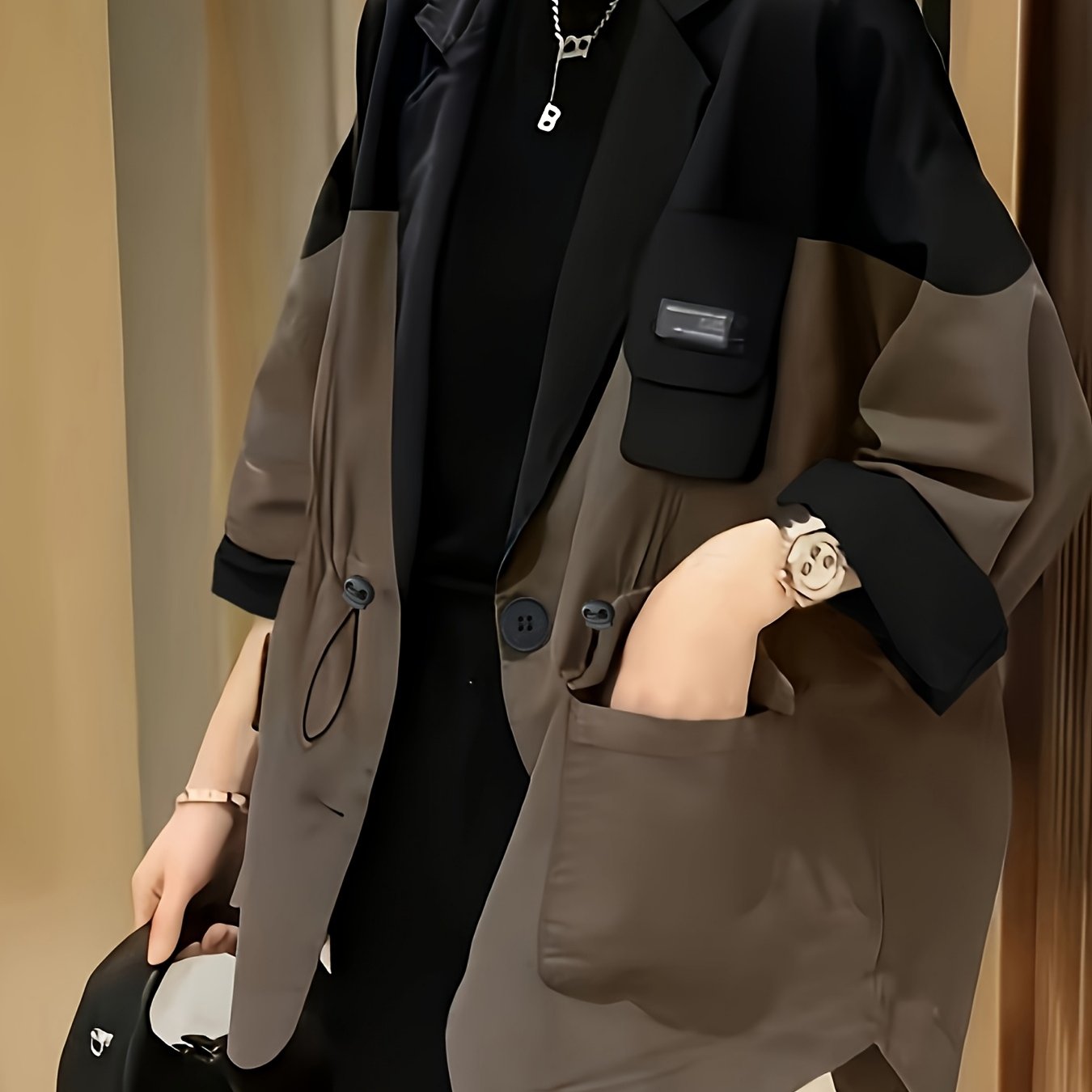 Women'S Chic Color Block Blazer - Casual Oversized Jacket with Button Front, Long Sleeves, Polyester, Perfect for Spring & Fall, Casual Wear Jacket|Button Front Blazer|Polyester Jacke