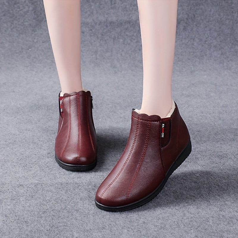 Women'S Plus Size Winter Boots - Black Faux, Warm Lined, Non-Slip Rubber Sole, Flat Heel, Zipper Closure, Comfortable Short Boots for Cold Weather, Winter Footwear|Round Toe Boots|Faux Boots