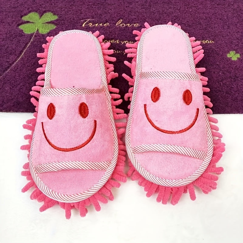 1 Pair Ultra-Fine Fiber Cleaning Slippers - Quiet, Efficient Dust & Floor Cleaner with Joyful joyful Face Design for Bedroom, Bathroom, Living Room - Light Blue, White, Pink Options, Bathroom Slippers | Comfortable Footwear | Plush Fabric Slippers