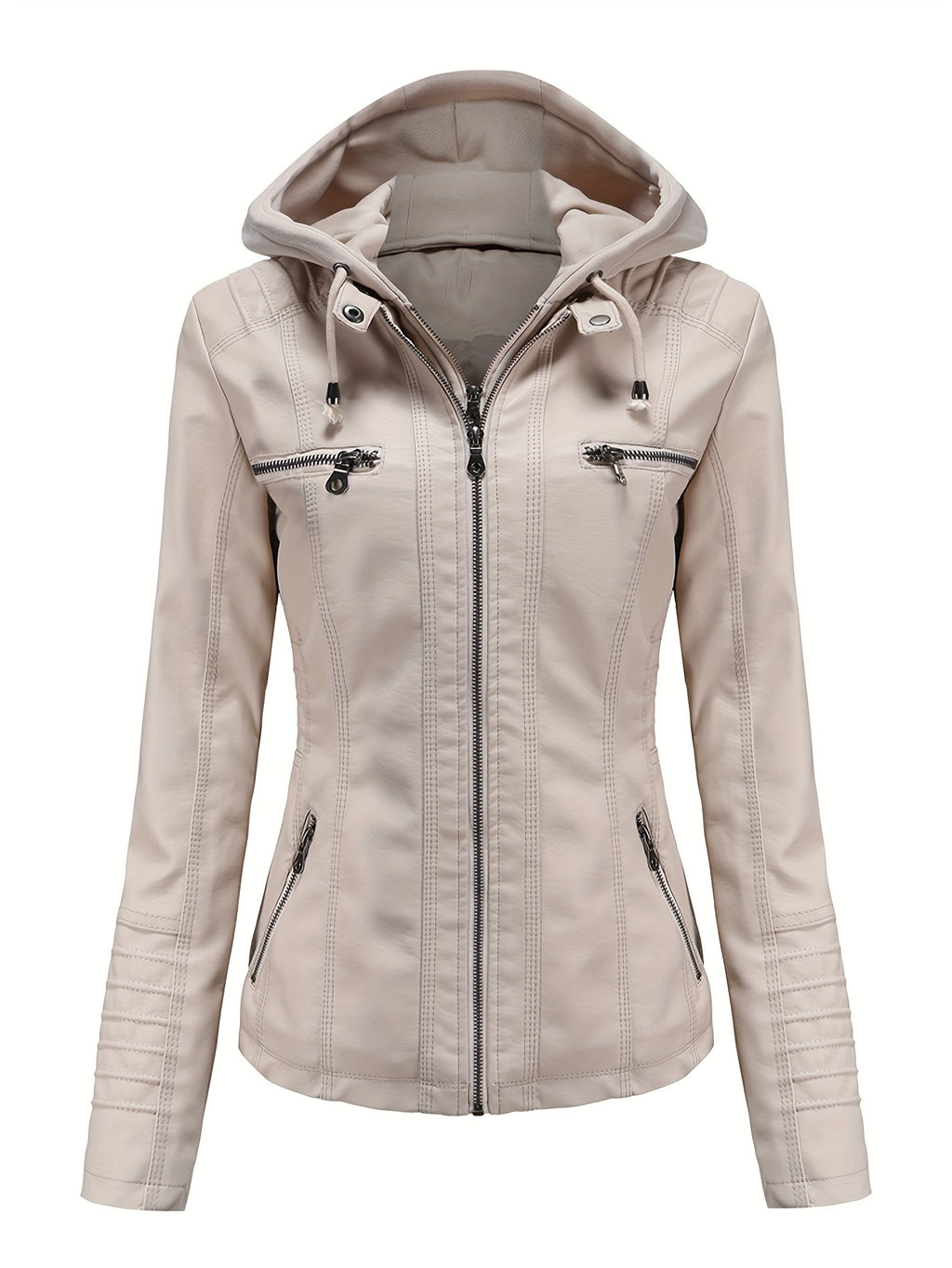 Women'S Elegant Black Hooded Jacket with Detachable Shoulder Straps - Perfect for Spring and Fall, Casual Style, Zipper Closure, Faux Leather Outerwear, Casual Jacket| Detachable Shoulder Straps|Zipper Closure Jacke