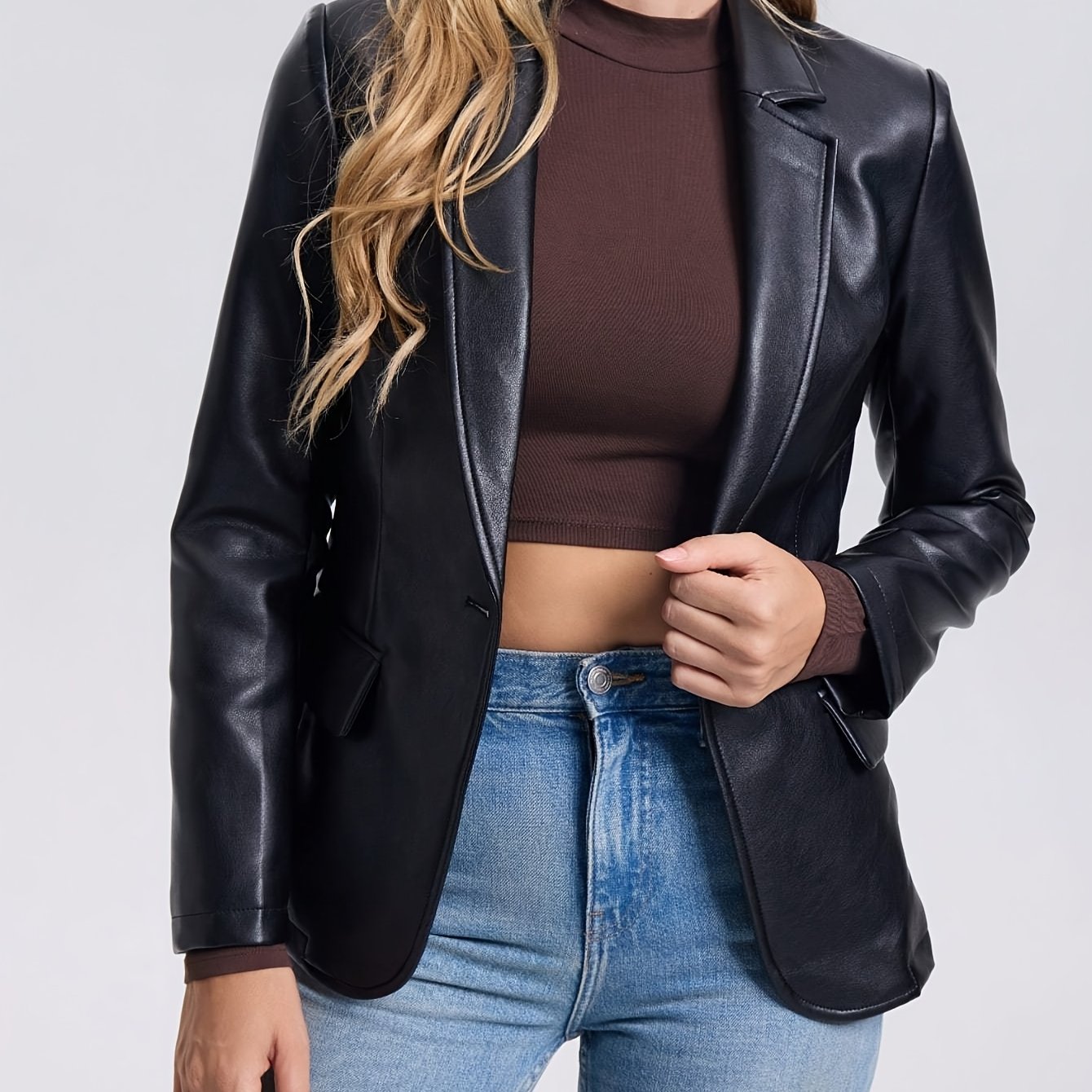 Women'S Casual Commute Faux Leather Jacket - Black, Long Sleeve, Single Button Front, Polyester Lining, Fall\u002FWinter Style, Stylish Casual Jacket|Faux Leather Jacket|Polyester Lined Jacket