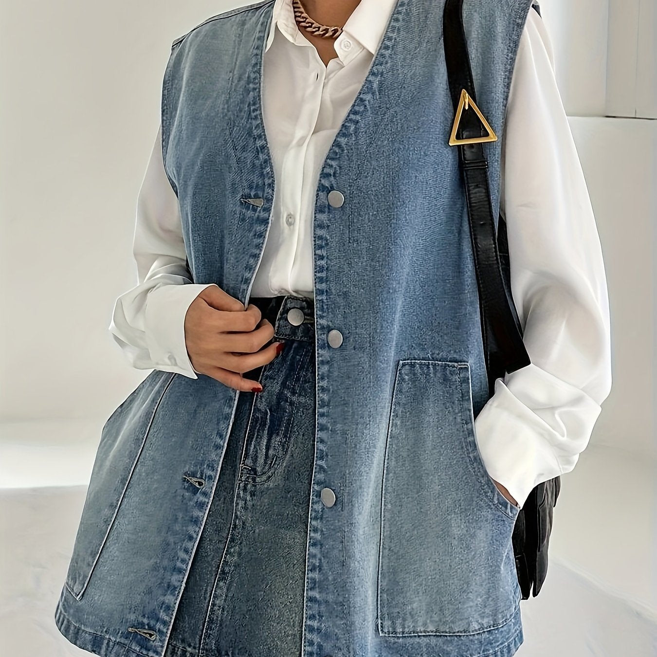 Women's Vintage Washed Blue Denim Vest - Loose Fit Button-Up Sleeveless Jacket with Flap Pockets, Retro Style, Machine Washable