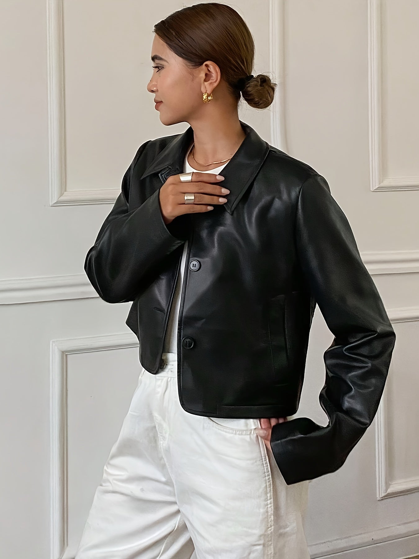 Women's Short Casual Solid Color Minimalist PU Leather Jacket - Button-Up, Non-Stretch Fabric, Perfect for Casual Attire, Allseason Outerwear | Buttonup Jacket | Durable Casual Wear