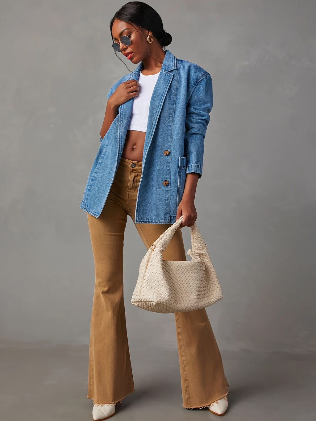 Women'S Elegant Washed Blue Denim Blazer - Single-Breasted, Long Sleeve, Casual Style with Pockets, Perfect for Spring\u002FSummer, Casual Jacket|Sleeveless Jacket|Single Breasted Jacke