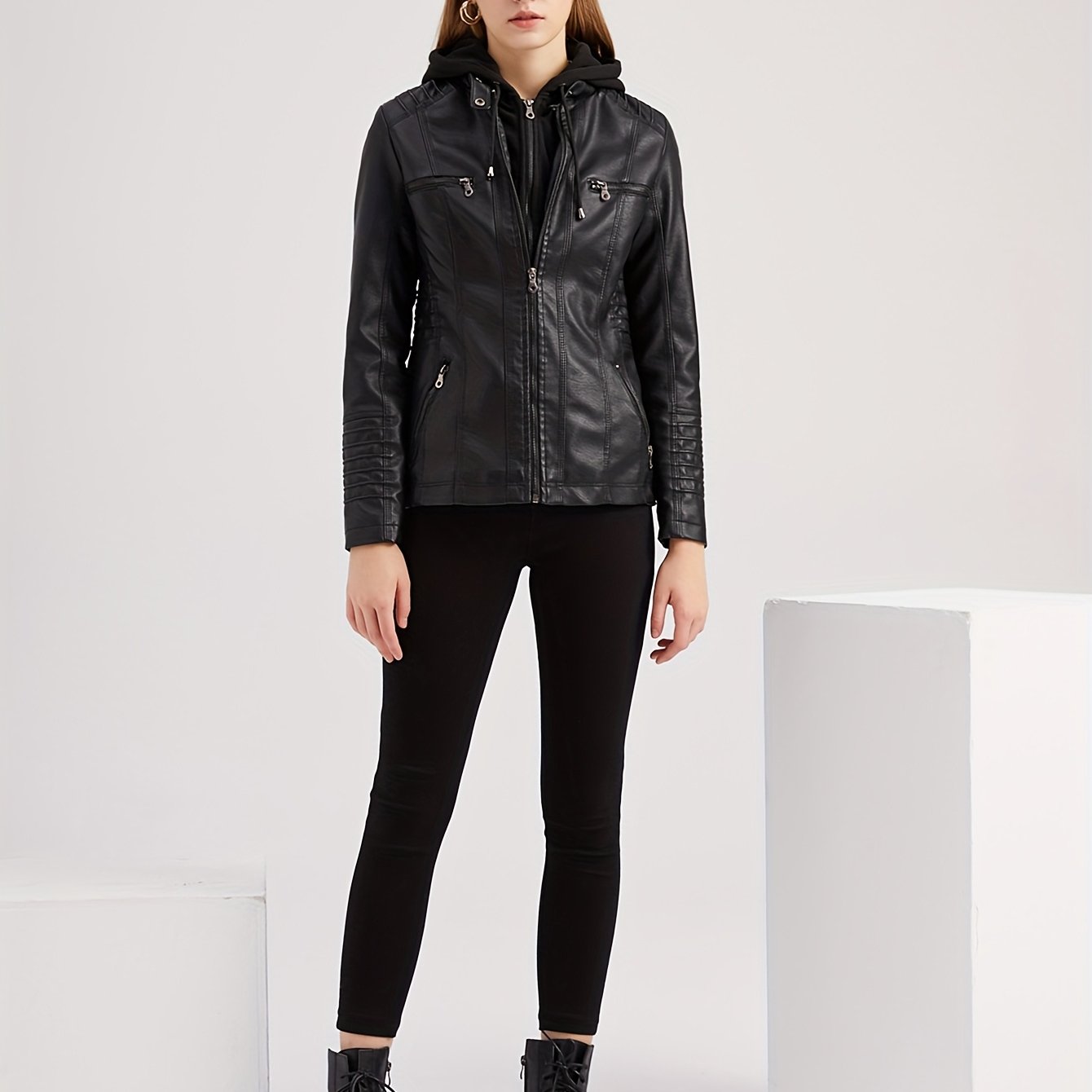 Women'S Elegant Black Hooded Jacket with Detachable Shoulder Straps - Perfect for Spring and Fall, Casual Style, Zipper Closure, Faux Leather Outerwear, Casual Jacket| Detachable Shoulder Straps|Zipper Closure Jacke