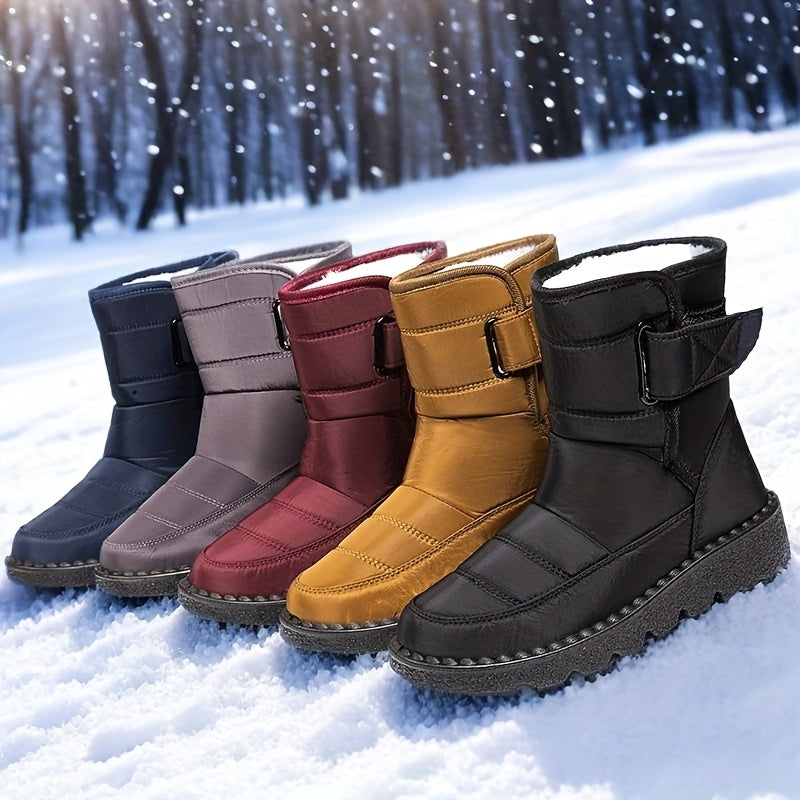 2025 Winter Women's Snow Boots - Thick Warm Flat Sole Slip-Resistant PU Sole, Round Toe & Adjustable Buckle Closure, Black\u002FWhite\u002FBeige, Sizes 36-45, All-Season Outdoor Casual Shoes, Winter Boots