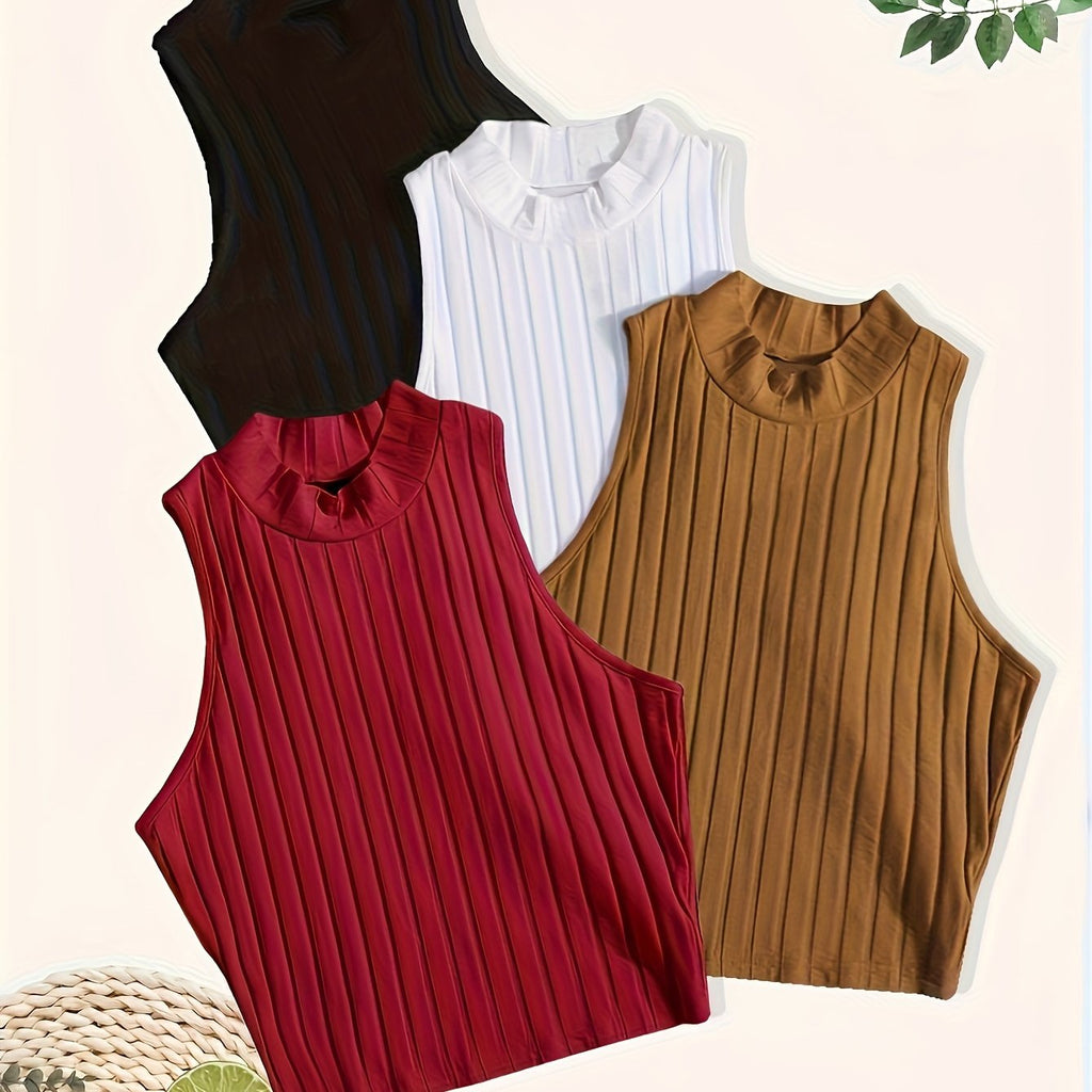 Middle East Special Solid Color Ribbed Vest 4pcs Set, Elegant Stand-up Collar Sleeveless Navel Top