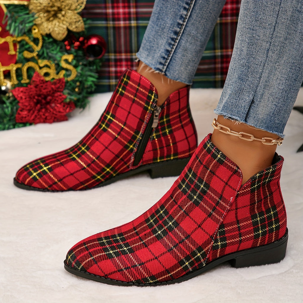 Women's Red Plaid Pointed Toe Low Block Heel Ankle Boots with Asymmetrical Pattern - Zipper Closure, All-Season Comfort Fabric Upper & Plastic Sole for Casual & Festive Occasions