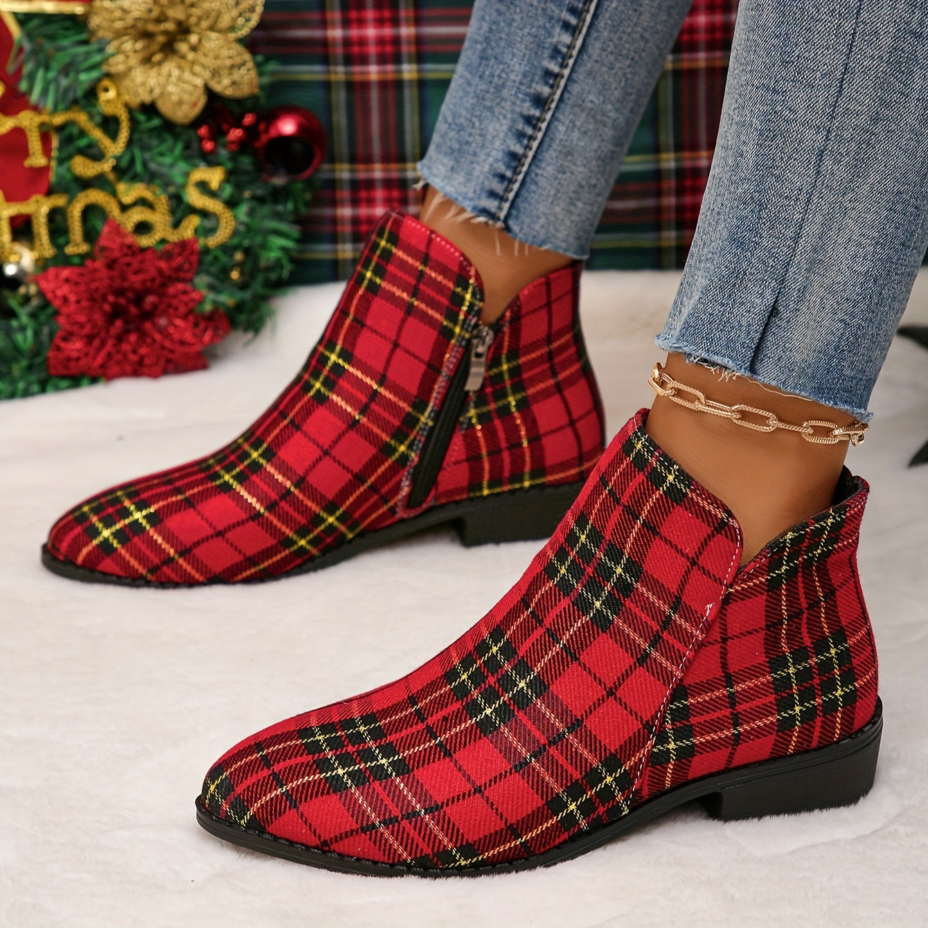 Women's Red Plaid Pointed Toe Low Block Heel Ankle Boots with Asymmetrical Pattern - Zipper Closure, All-Season Comfort Fabric Upper & Plastic Sole for Casual & Festive Occasions