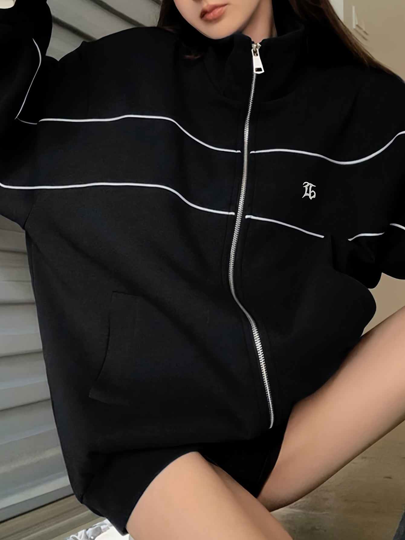 Solid Color Loose Casual Embroidered Stand Collar Jacket with Zipper for Women