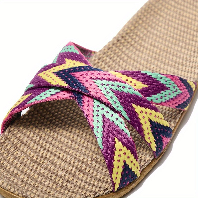 Women's Striped Linen Slippers - Summer Fashion, Comfortable Indoor\u002FOutdoor Flats with EVA Sole, 515