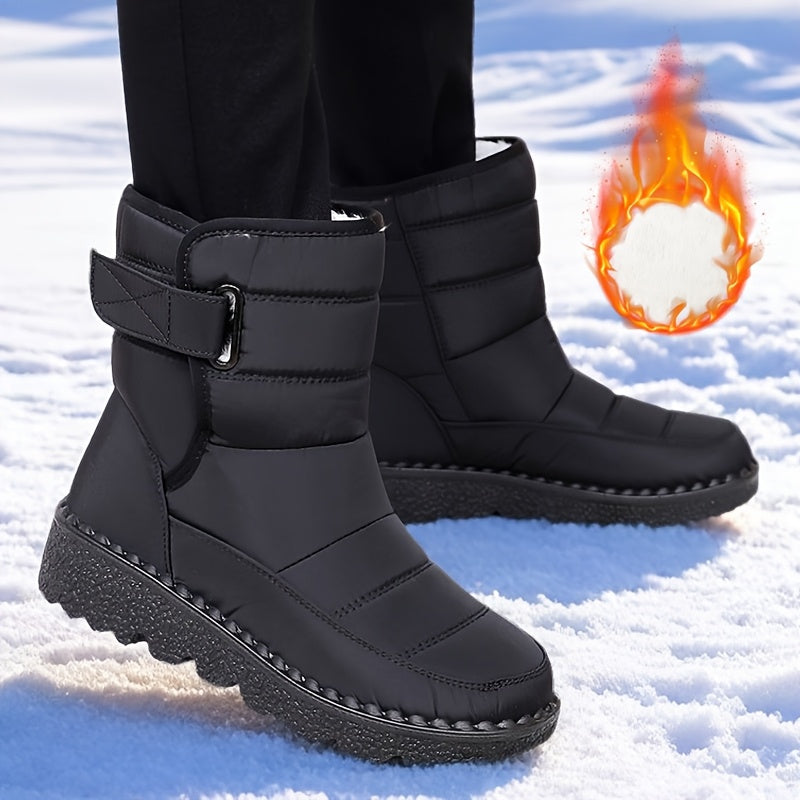 2025 Winter Women's Snow Boots - Thick Warm Flat Sole Slip-Resistant PU Sole, Round Toe & Adjustable Buckle Closure, Black\u002FWhite\u002FBeige, Sizes 36-45, All-Season Outdoor Casual Shoes, Winter Boots