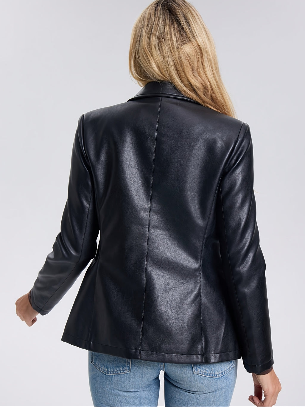 Women'S Casual Commute Faux Leather Jacket - Black, Long Sleeve, Single Button Front, Polyester Lining, Fall\u002FWinter Style, Stylish Casual Jacket|Faux Leather Jacket|Polyester Lined Jacket