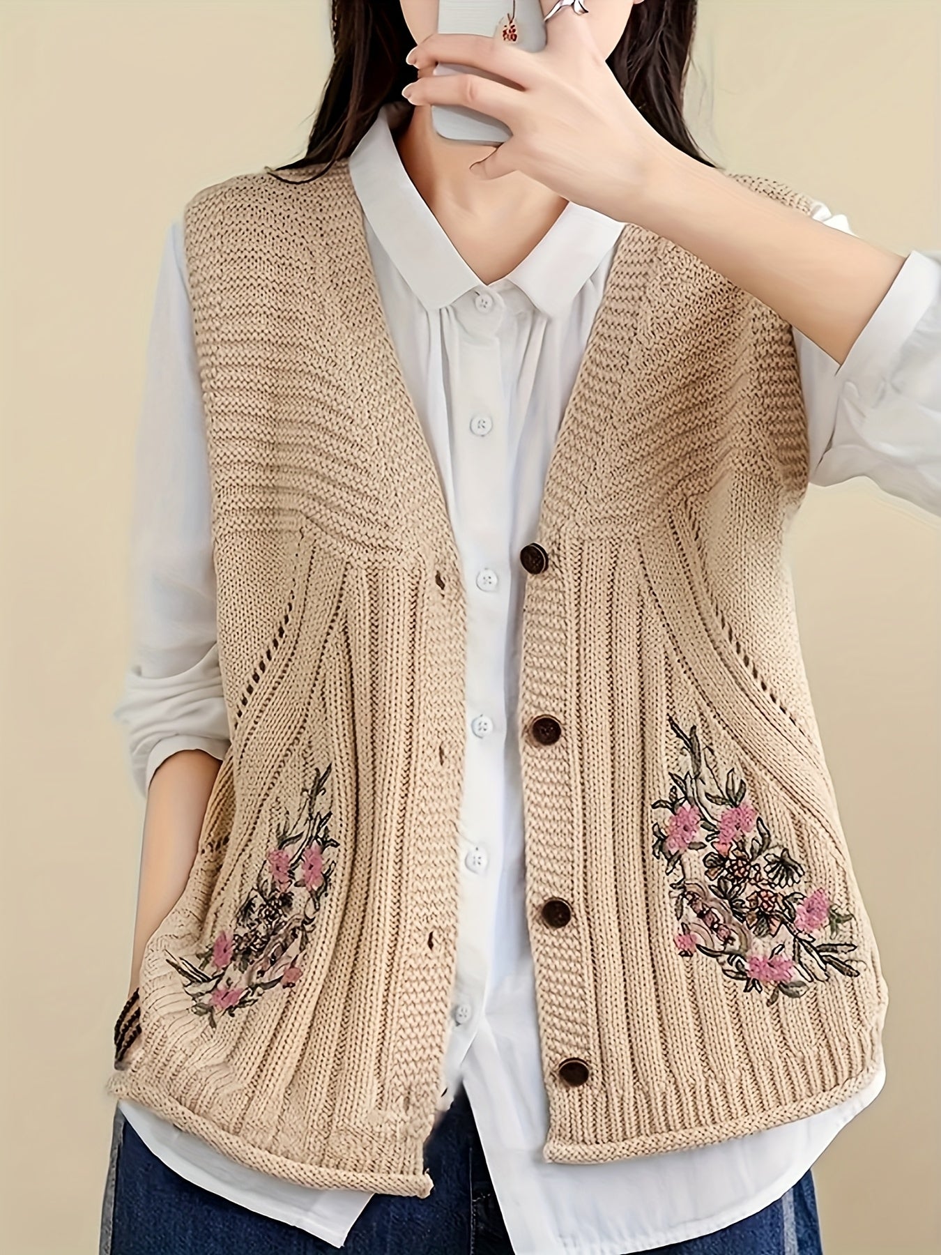 Young Women'S V-Neck Sleeveless Embroidered Floral Knit Acrylic Jacket, Relaxed Fit, Vintage Casual, with Hood, for Women