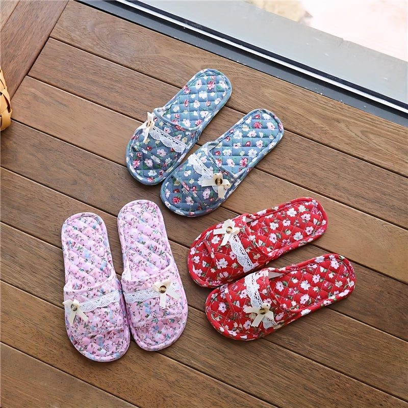 Casual Floral Slip-on Slippers - All-Season Fabric Upper, Inner & Sole - Quiet Soft Home Indoor Women's Footwear - Imported