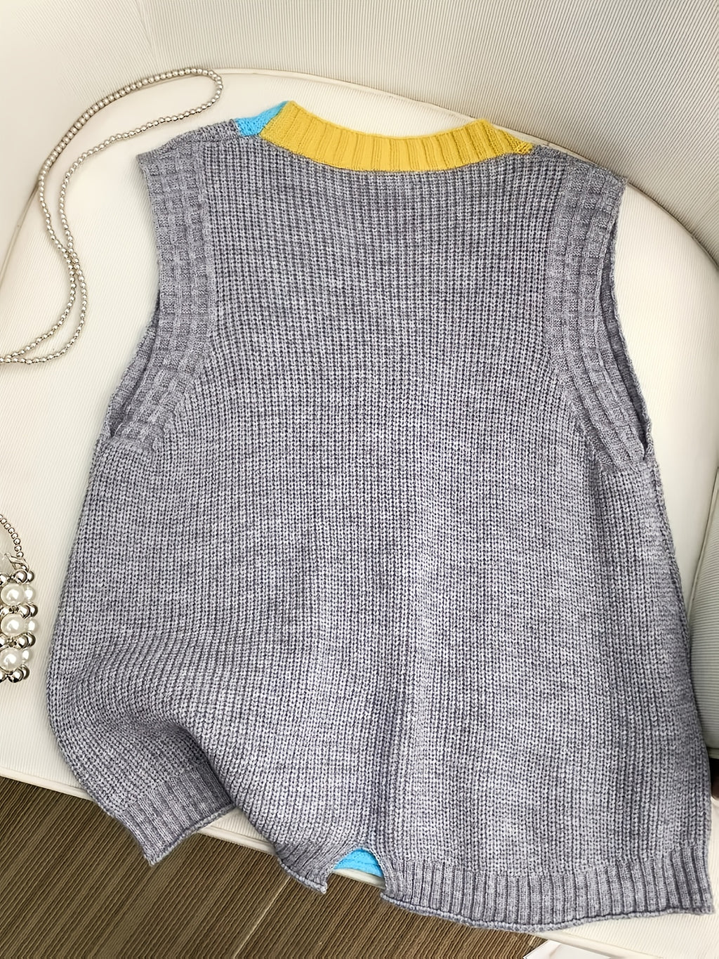Women's Color Block V-Neck Knit Cardigan Vest - Stylish Loose Fit Sweater with Button Details, Acrylic Blend for Spring\u002FFall, Lightweight & Versatile Outerwear, Lightweight Cardigan