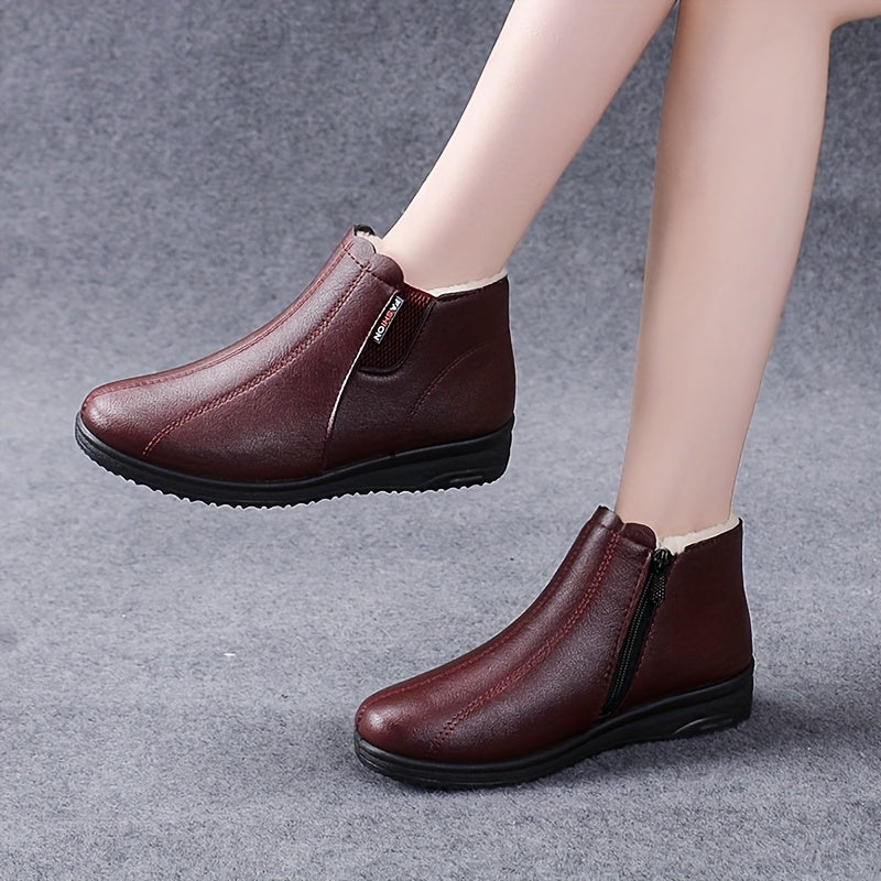 Women'S Plus Size Winter Boots - Black Faux, Warm Lined, Non-Slip Rubber Sole, Flat Heel, Zipper Closure, Comfortable Short Boots for Cold Weather, Winter Footwear|Round Toe Boots|Faux Boots