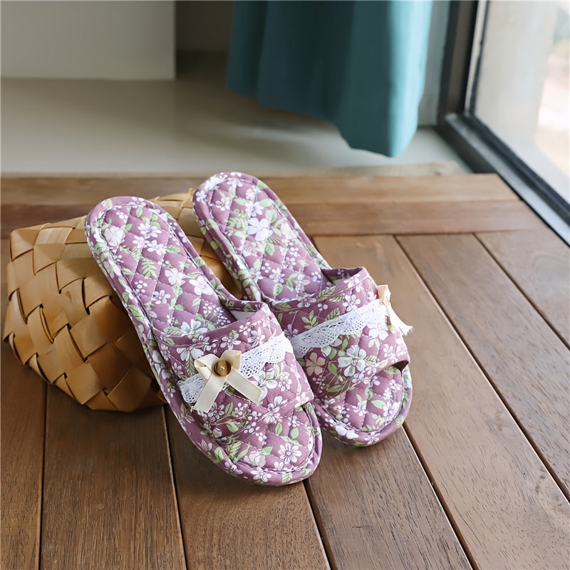 Casual Floral Slip-on Slippers - All-Season Fabric Upper, Inner & Sole - Quiet Soft Home Indoor Women's Footwear - Imported