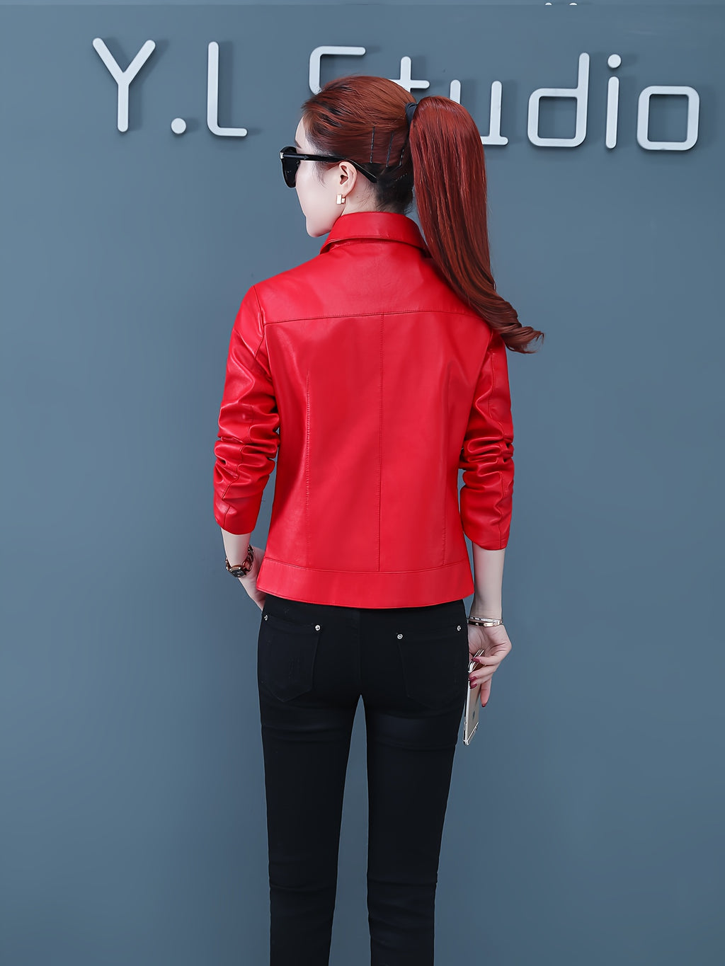 Women's Premium PU Leather Jacket - Elegant Korean Style Short Slim-Fit Red Button-Up Blazer with Notch Lapel & Flared Hem, Spring\u002FAutumn Casual Outerwear