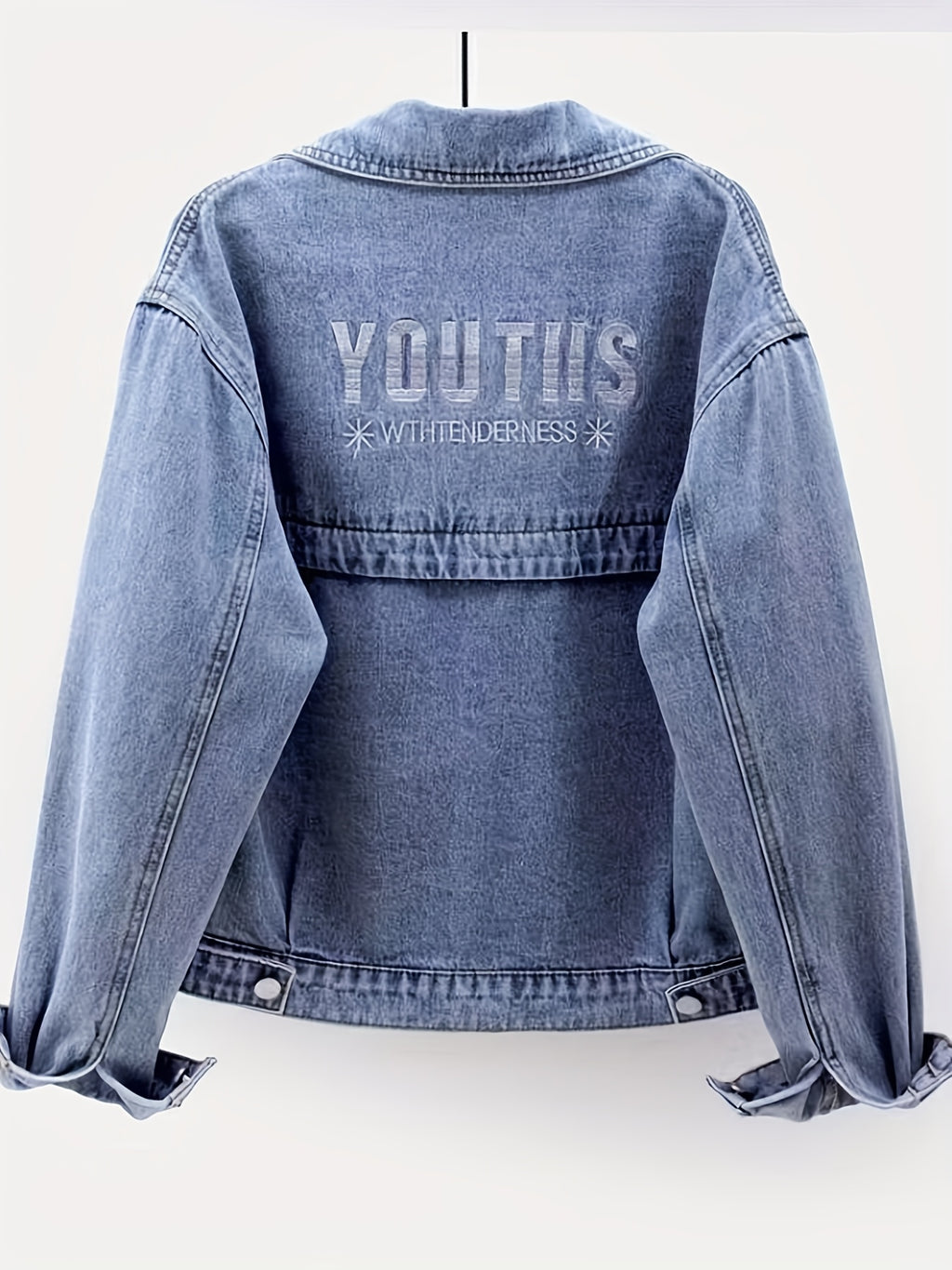 Women's Relaxed Fit Denim Jacket with Letter Embroidery - Lightweight 100% Polyester Machine-Washable Spring\u002FFall Casual Chic Coat for Commuting & Casual Attire