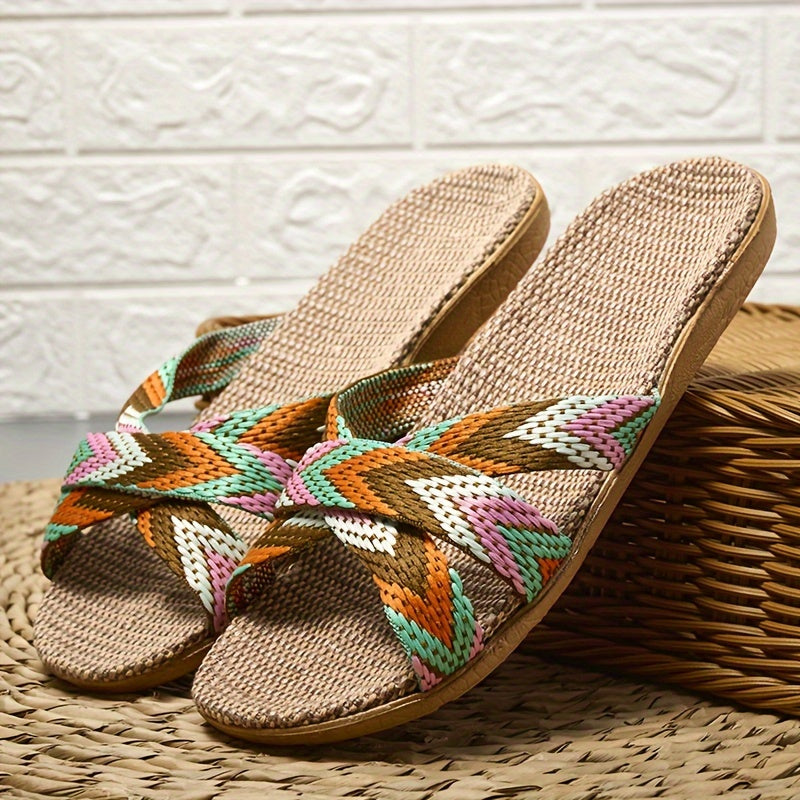 Women's Striped Linen Slippers - Summer Fashion, Comfortable Indoor\u002FOutdoor Flats with EVA Sole, 515